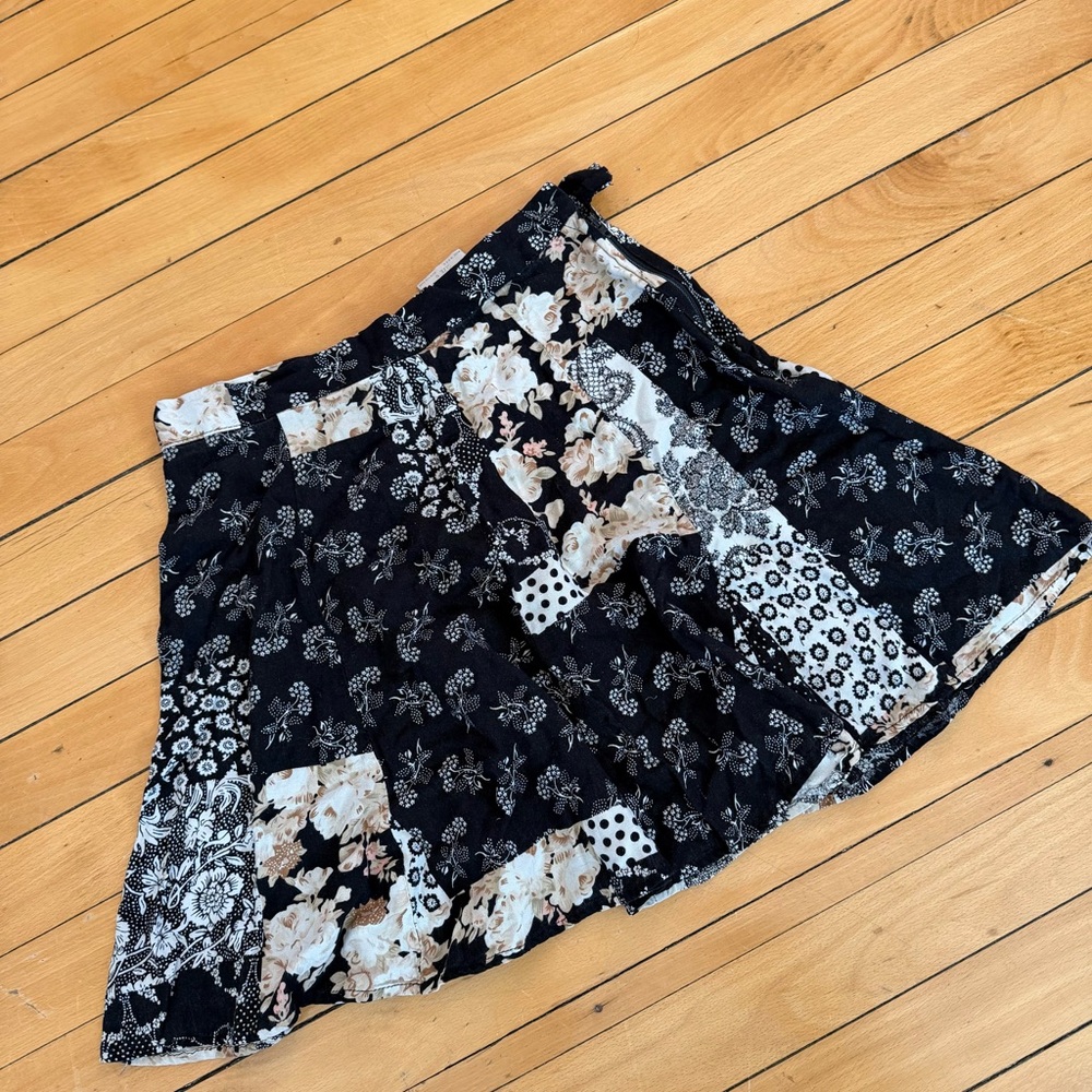 A. Byer Black Floral Patchwork Skater Skirt with Cream Accents
